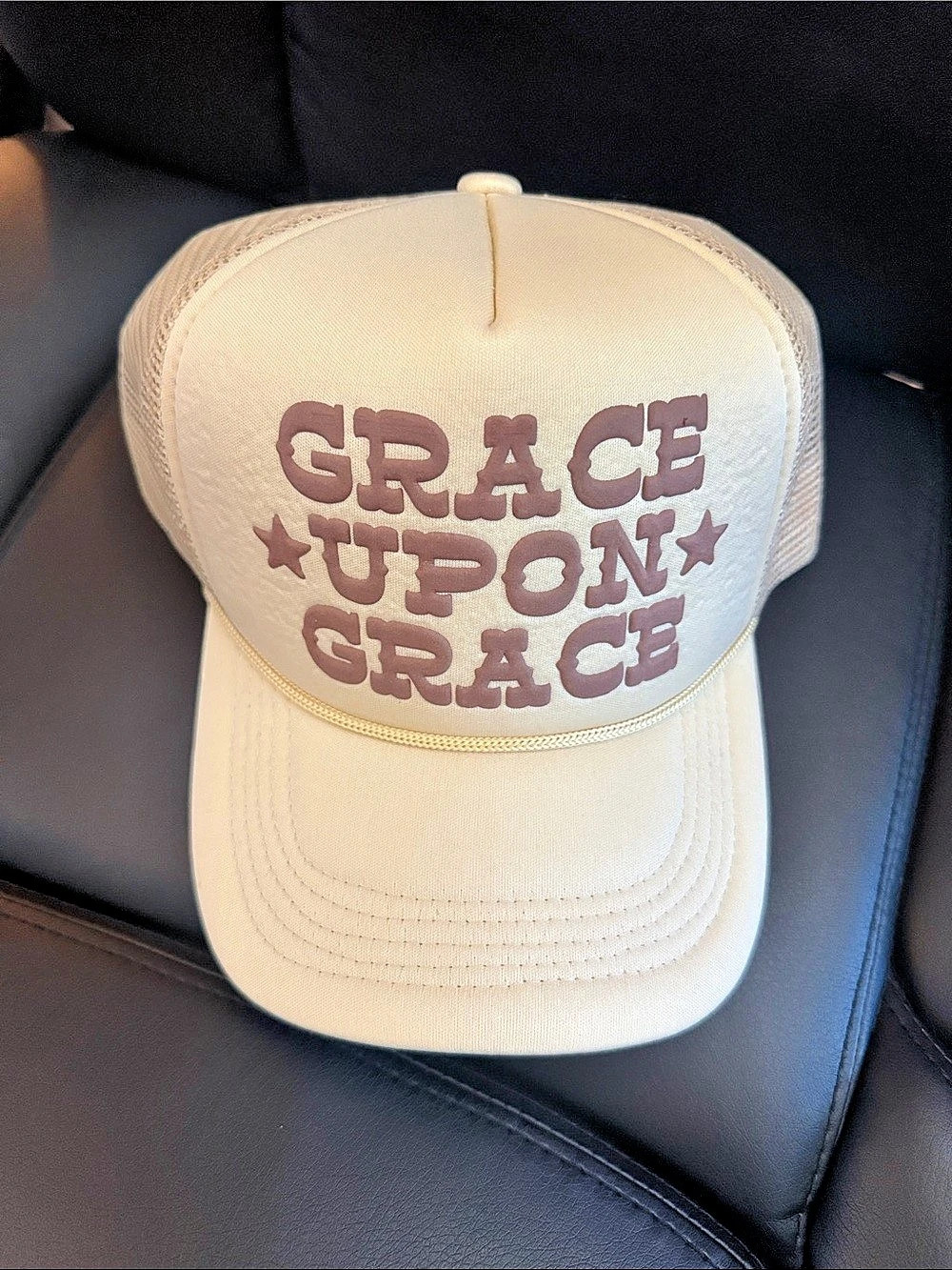 “Grace Upon Grace” Trucker Hat in Cream & Brown Like New